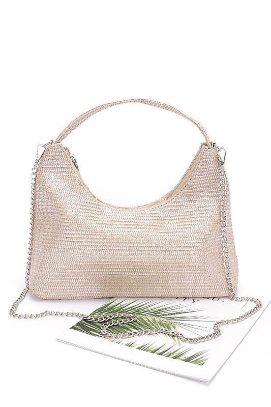 Women Metallic Straw Zip Closure Top Handle Shoulder Bag Zarnesh