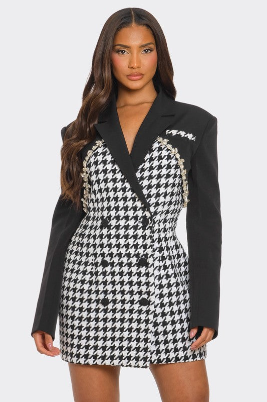 Women Monochrome Glam Houndstooth Lapel Collar Tailored Fit Blazer Dress Zarnesh