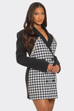 Women Monochrome Glam Houndstooth Lapel Collar Tailored Fit Blazer Dress Zarnesh