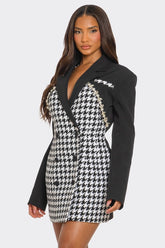 Women Monochrome Glam Houndstooth Lapel Collar Tailored Fit Blazer Dress Zarnesh