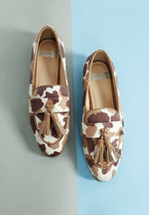 Women Moraug Cow Print Faux Suede Tassels Loafers | Zarnesh