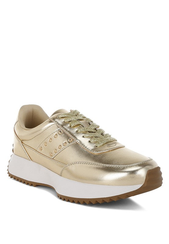 Women Mujori Metallic Pleather Studded Lace Up Sneakers | Zarnesh