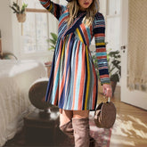 Women Multi Color Cross Stripe Slightly Fitted Cut Midi Dress Zarnesh