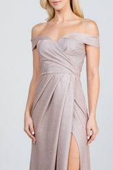 Women Off Shoulder Sleeveless Zipper Glittery Jacquard Gown Zarnesh