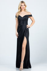 Women Off Shoulder Sleeveless Zipper Glittery Jacquard Gown Zarnesh