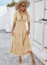Women Open Back Cutout V Neckline Short Puff Sleeves Midi Dress Zarnesh