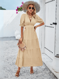 Women Open Back Cutout V Neckline Short Puff Sleeves Midi Dress Zarnesh