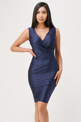 Women Overlap Sleeveless Zipper Tricot Tanya Dress with Side Pleats Zarnesh