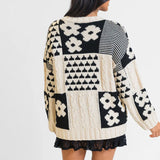 Women Oversized Crew Neck Geometric Floral Knit Sweater Zarnesh