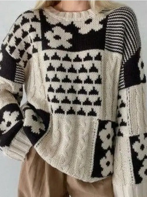 Women Oversized Crew Neck Geometric Floral Knit Sweater Zarnesh