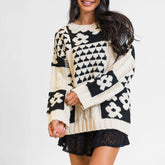 Women Oversized Crew Neck Geometric Floral Knit Sweater Zarnesh