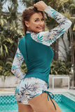 Women Palm Leaf Print Ruched Two Pieces Rash Guard Sets Zarnesh