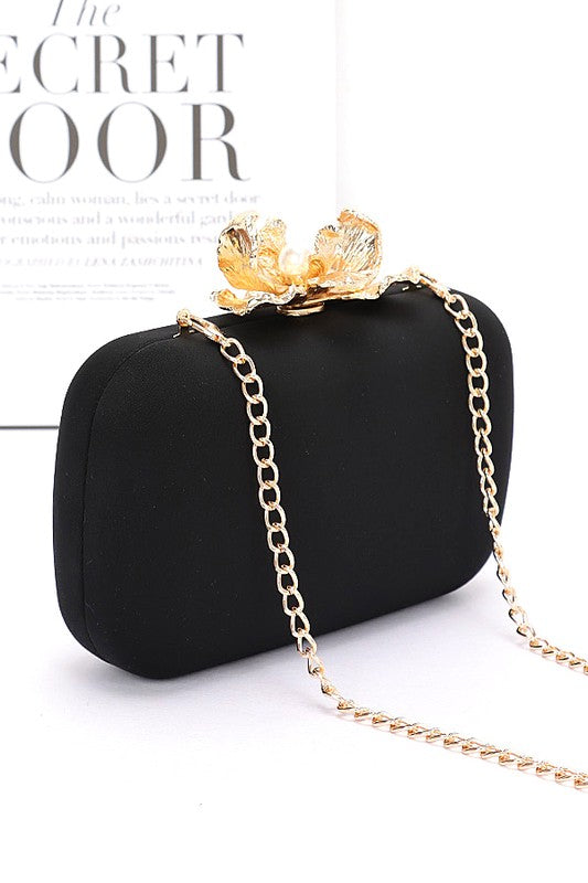 Women Pearl Flower Clasp Satin Box Secure Closure Clutch Bag Zarnesh
