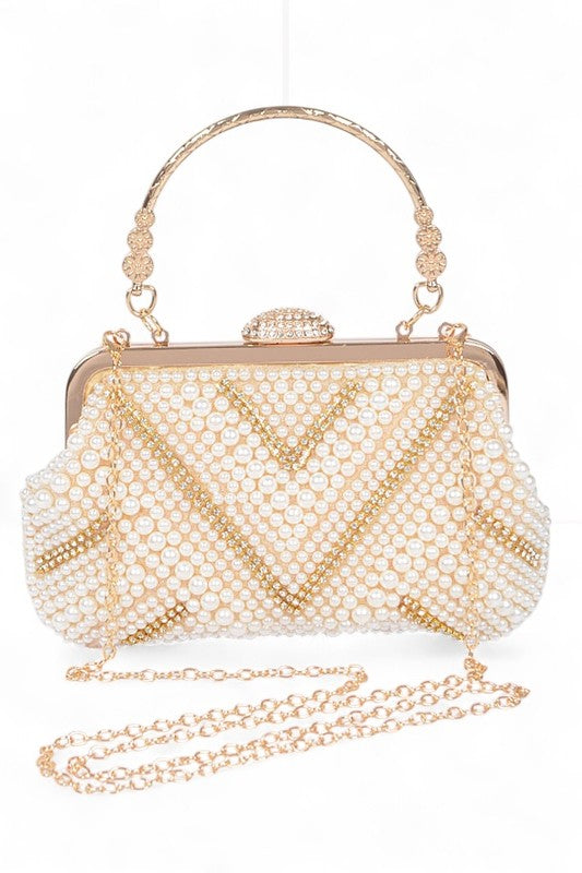 Women Pearl Rhinestone Beaded Handle Secure Closure Clutch Bag Zarnesh