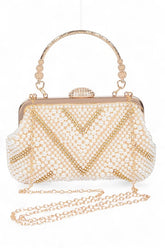 Women Pearl Rhinestone Beaded Handle Secure Closure Clutch Bag Zarnesh