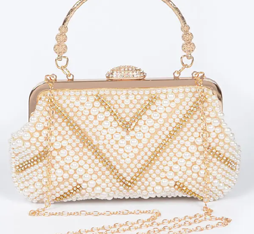 Women Pearl Rhinestone Beaded Top Handle Clutch Bag Zarnesh