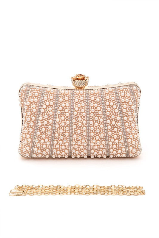 Women Pearl Rhinestone Snap On Evening Formal Box Clutch Zarnesh