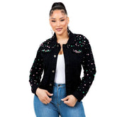 Women’s Pearls Rhinestone Black Denim Jacket | Zarnesh