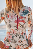 Women Pink Floral Zip Long Sleeve UPF50 Rash Guard Swimsuit Zarnesh