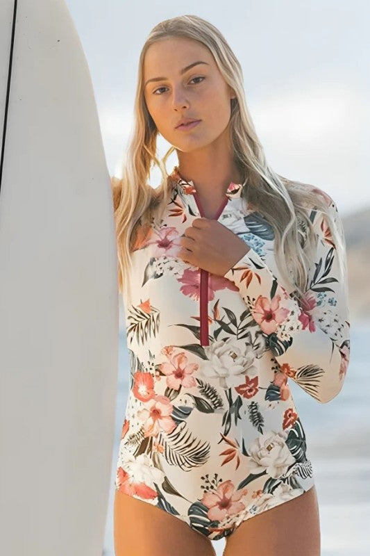 Women Pink Floral Zip Long Sleeve UPF50 Rash Guard Swimsuit Zarnesh