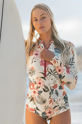 Women Pink Floral Zip Long Sleeve UPF50 Rash Guard Swimsuit Zarnesh