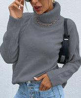 Women Plaid Grey Classic Turtleneck Drop Shoulder Sweater Zarnesh