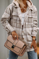 Women Plaid Removable Hood Buttoned Shacket | Zarnesh