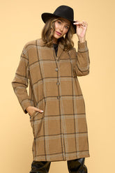 Women Plus Plaid Knee Length Coat with Buttons and Pockets Zarnesh
