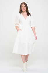 Women Plus Puff Sleeves Lined Textured Button Down Midi Dress Zarnesh