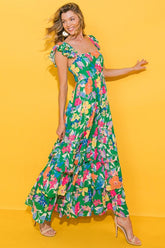Women Print Sleeveless Ruffle Shoulder Strap Tiered Maxi Dress Zarnesh
