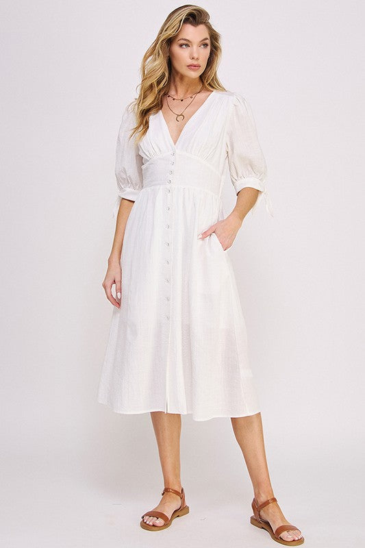 Women Puff Sleeve Lined Tie Elastic Button Down Midi Dress Zarnesh