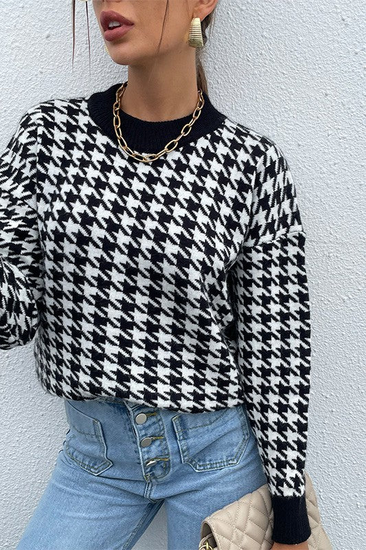 Women Pull Over Black Houndstooth Pattern Drop Shoulder Sweater Zarnesh