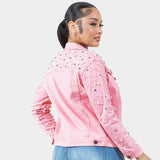 Women’s Radiant Pearls Rhinestone Deco Jean Jacket Pink | Zarnesh