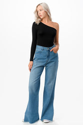 Women Regular Fit Asymmetrical Sleeve One Shoulder Knit Top Zarnesh