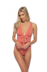 Women Removable Pads Halter Bow Tie Front One Piece Swimsuit Zarnesh