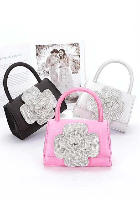 Women Rhinestone Flower Stain Top Handle Clutch Bag Zarnesh