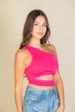 Women Ribbed Knit Cut Out One Shoulder Sleeveless Crop Top Zarnesh