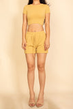 Women Ribbed Knit Drawstring Lounge Crop Tee Shorts Set Zarnesh