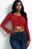 Women Ribbed Scoop Long Sleeve Snap Button Fitted Crop Top Zarnesh