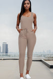 Women Ribbed Sleeveless Drawstring Catsuits Bodycon Jumpsuit Zarnesh