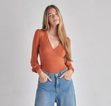 Women Signature Double V Neck Balloon Sleeve Tie Back Bodysuit Zarnesh