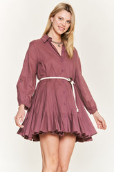 Women Solid Flare Shirt Dress With Belt Elastic Sleeve KRD4190 Zarnesh
