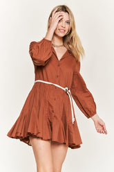 Women Solid Flare Shirt Dress With Belt Elastic Sleeve KRD4190 Zarnesh