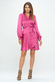 Women Stretch Satin Long Sleeve V Neckline Wrap Dress with Belt Zarnesh