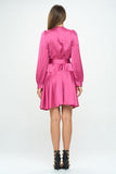 Women Stretch Satin Long Sleeve V Neckline Wrap Dress with Belt Zarnesh