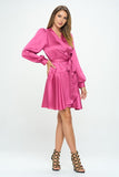 Women Stretch Satin Long Sleeve V Neckline Wrap Dress with Belt Zarnesh