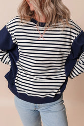 Women Striped Pattern Block Exposed Seam Loose Fit Sweatshirt Zarnesh