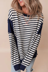 Women Striped Pattern Block Exposed Seam Loose Fit Sweatshirt Zarnesh