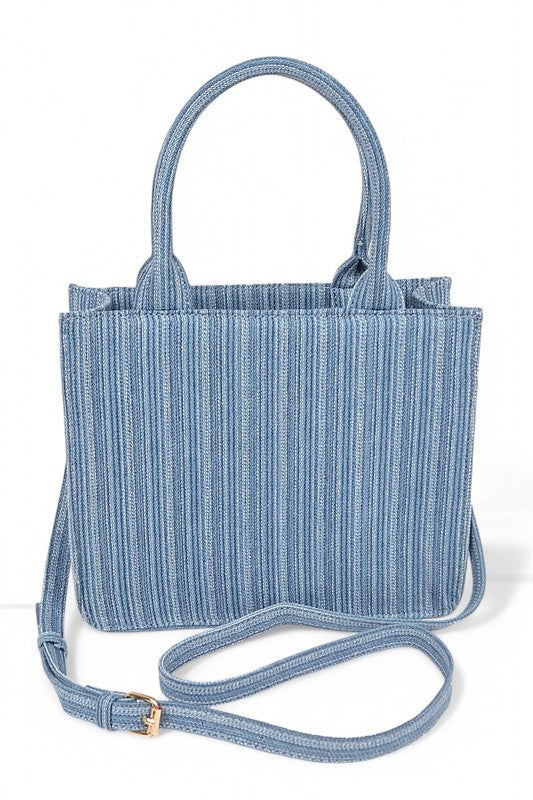 Women Stripy Denim Top Handle Convertible Small Tote Bag Zarnesh