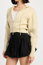 Women Stylish Collared Neck Cropped Zip Up Hoodie Zarnesh